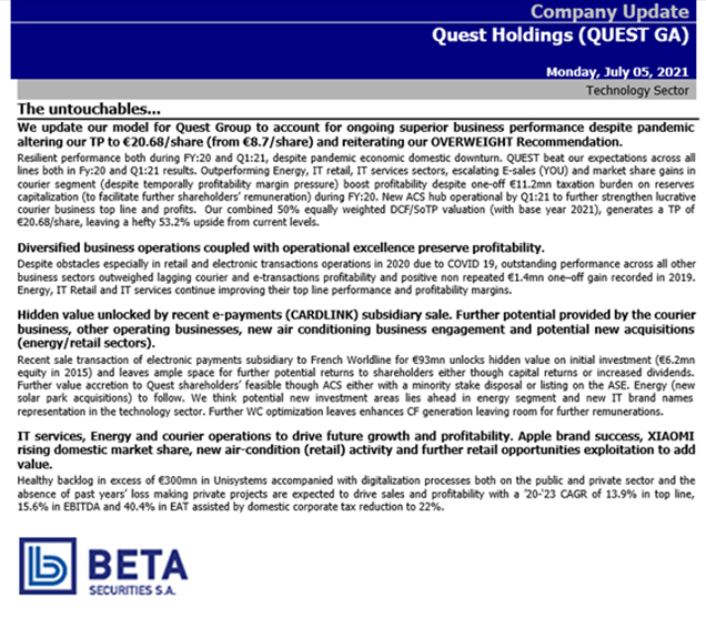 QUEST HOLDINGS - in quest for more